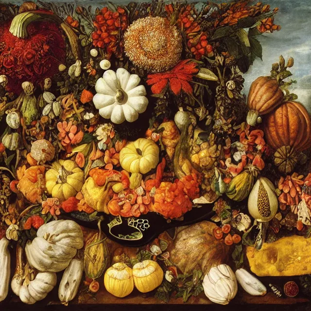 Image similar to victorian thanksgiving feast, flowers and gourds, black background, vanitas, still life by giuseppe arcimboldo, intricate high detail masterpiece