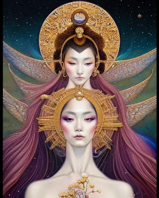 Image similar to portrait of a beautiful celestial goddess, unusual beauty, esoteric, muted colors, head in focus, fantasy art, ornamental aesthetics intricate, elegant, highly detailed, hyperrealistic painting, artstation, concept art, painterly, sharp focus, illustration, art by chie yoshii