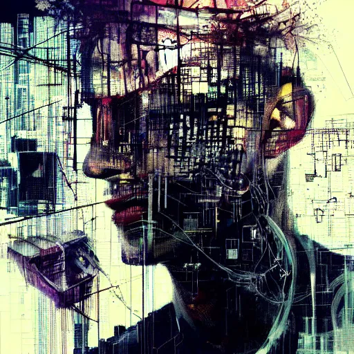 Prompt: a man lost in a cyberpunk noir glitchcore world of wires, and machines, by jeremy mann, francis bacon and agnes cecile, and dave mckean ink drips, paint smears, digital glitches glitchart