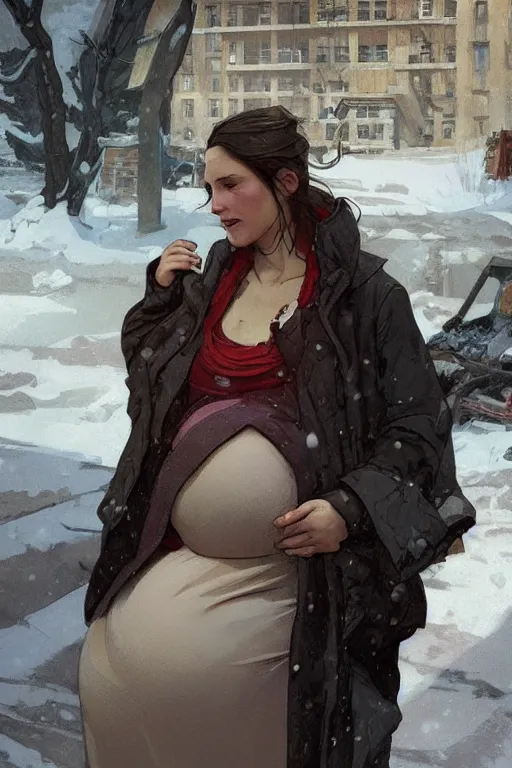 Prompt: portrait of a hungry and unhappy pregnant woman in the besieged Leningrad in winter, digital painting, artstation, concept art, smooth, sharp focus, illustration, art by artgerm and greg rutkowski and alphonse mucha