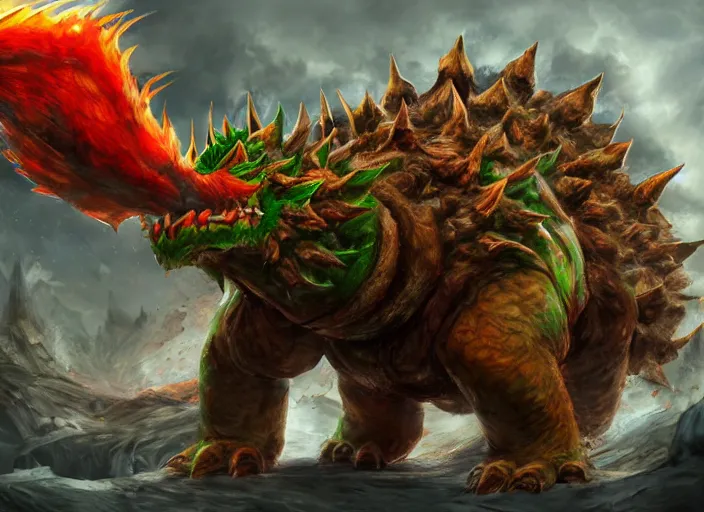 Image similar to detailed concept art of a huge giant bowser by cheng yi and luolin, aartstation, artstationhd, detailed scales, spiky and red hair tuft green scales. bowser, bowser nintendo, koopa, ~ bowser # bowser ( ( mario ) ) bcy. net, realistic. cheng yi, fire breathing. bowser