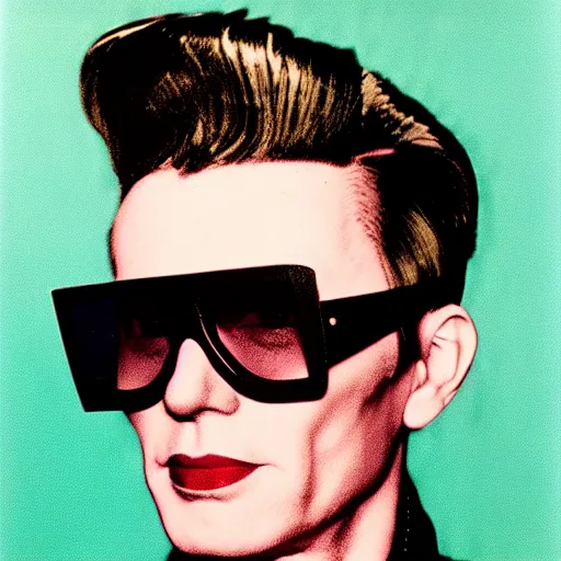 Prompt: Colorized Stylistic Portrait of Andy Warhol with shutter shades and a high top fade pompadour fade short hairstyle, taken in the 1970s, photo taken on a 1970s polaroid camera, grainy, real life, hyperrealistic, ultra realistic, realistic, highly detailed, epic, HD quality, 8k resolution, body and headshot, film still, front facing, front view, headshot and bodyshot, detailed face, very detailed face