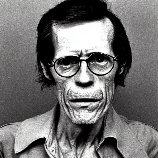 Prompt: 1970s of Mugshot Portrait of a very old and decrepit Willem Dafoe with his head tilted upwards and mouth slightly open, wearing glasses and no beard, with very short hair and a receding hairline, dressed in 1970s menswear, taken in the 1970s, photo taken on a 1970s polaroid camera, grainy, real life, hyperrealistic, ultra realistic, realistic, highly detailed, epic, HD quality, 8k resolution, body and headshot, film still, front facing, front view, headshot and bodyshot, detailed face, very detailed face