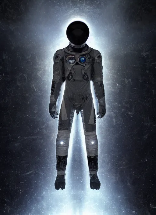 Image similar to symmetry concept art by craig mullins astronaut in futuristic dark and empty spaceship underwater. infrared glowing lights. complex and hyperdetailed technical suit. reflection and dispersion materials. rays and dispersion of light. volumetric light. 5 0 mm, f / 3 2. noise film photo. flash photography. unreal engine 4, octane render. interstellar movie art