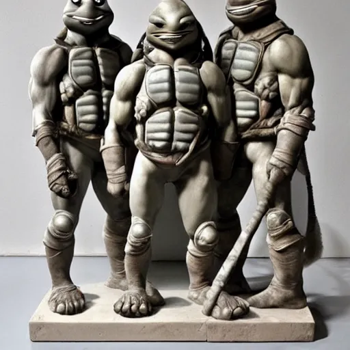 Image similar to teenage mutant ninja turtles as a sculpture from the renaissance made of white marble, high details, cinematic, photorealistic