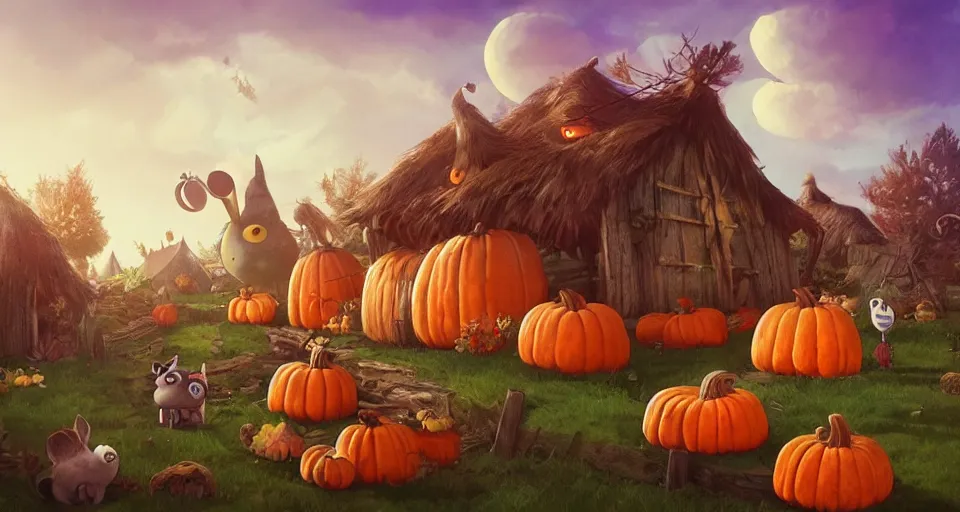 Prompt: animals living in a pumpkin patch village, rustic, story book, over the garden wall, beautiful, highly detailed, artstation, soft lighting,