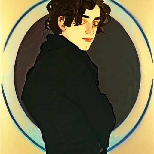 Prompt: painting of young cute handsome beautiful dark medium wavy hair man in his 2 0 s named shadow taehyung at the halloween party, somber, depressed, melancholy, sad, elegant, clear, painting, stylized, delicate, soft facial features, delicate facial features, soft art, art by alphonse mucha, vincent van gogh, egon schiele