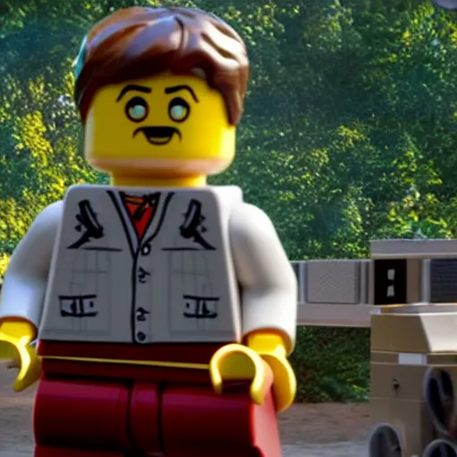 Prompt: jurassic park in the lego movie, movie still, cinematic lighting, ray tracing, octane render, long lens, shallow depth of field, bokeh, anamorphic lens flare, 8 k, hyper detailed, 3 5 mm film grain - w 7 0 4