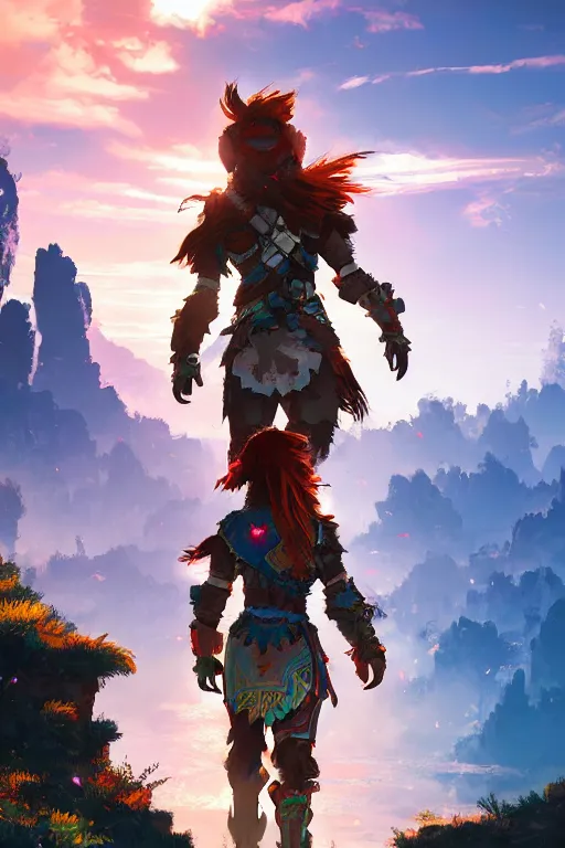 Image similar to combination suit armor aloy horizon forbidden west horizon zero dawn radiating a glowing aura global illumination ray tracing hdr fanart arstation by ian pesty and alena aenami artworks in 4 k tribal robot ninja mask helmet backpack