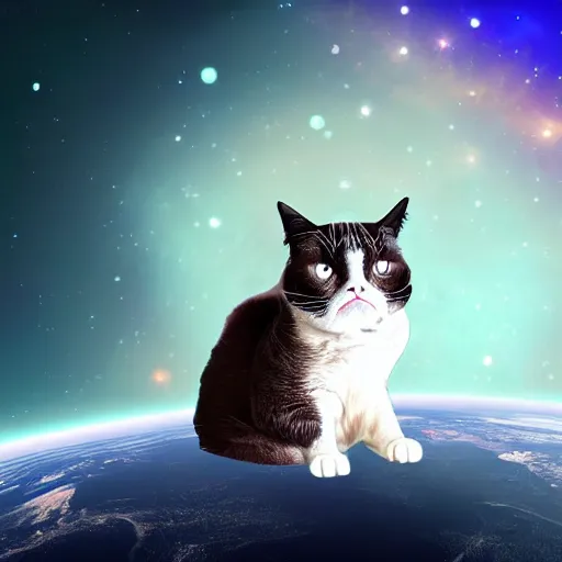 Prompt: A grumpy cat sitting on the planet earth in space, digital art