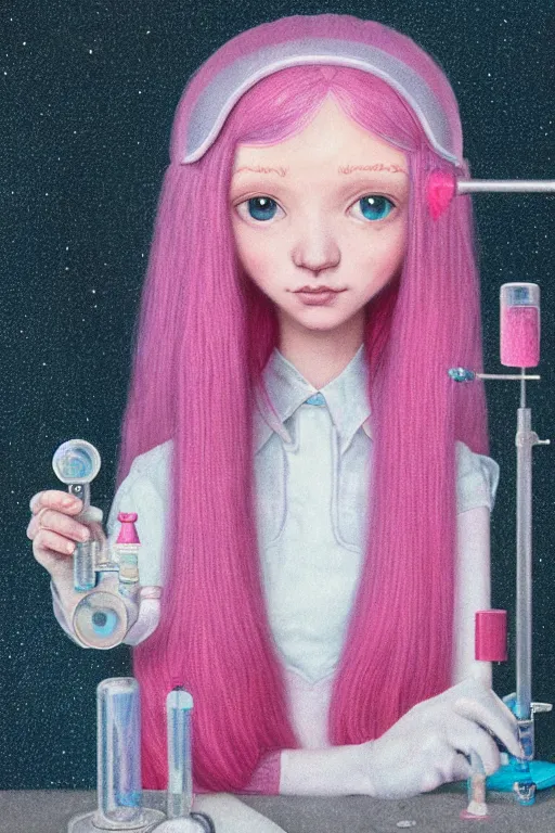 Prompt: highly detailed, industrial portrait of beautiful, cute, adult princess bubblegum from adventure time, experimenting in her science lab, wearing lab coat, bubblegum hair with long straight bangs, depth of field, illustration, concept art by nicoletta ceccoli, mark ryden, lostfish, detailed and intricate environment, 8 k resolution, hyperrealistic, octane render