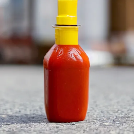 Prompt: <photo hd well-captioned>a transparent ketchup bottle filled with mustard</photo>