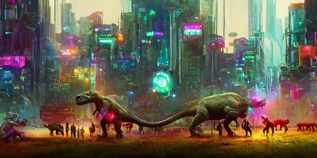 Image similar to a beautiful painting of a lush cyberpunk city with dinosaurs grazing in parks by ridley scott, vivid colours, cinematic lighting, fine details, 8 k | | digital artwork made by greg rutswork, anna dittmann and lois van barlee, symmetrical neon rim light, anatomically correct