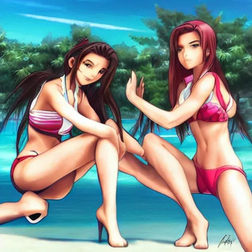 Image similar to beautiful aerith and tifa and jessie from final fantasy in a bikini on the beach making eye contact drawn by artgerm