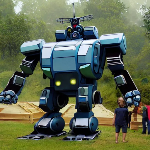 Image similar to giant oversized battle robot mech as giant baby on a village