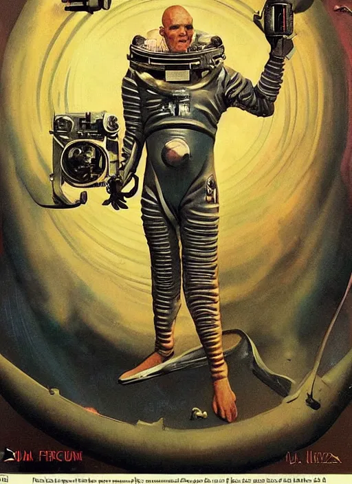 Prompt: 5 0 s pulp scifi fantasy illustration full body portrait martyn ford in spacesuit meets alien man from venus, by norman rockwell, roberto ferri, daniel gerhartz, edd cartier, jack kirby, howard v brown, ruan jia, tom lovell, frank r paul, jacob collins, dean cornwell, astounding stories, amazing, fantasy, other worlds