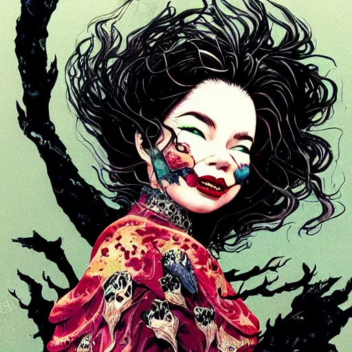 Image similar to portrait of crazy beautiful singer bjork as vampire, ymmetrical, by yoichi hatakenaka, masamune shirow, josan gonzales and dan mumford, ayami kojima, takato yamamoto, barclay shaw, karol bak, yukito kishiro