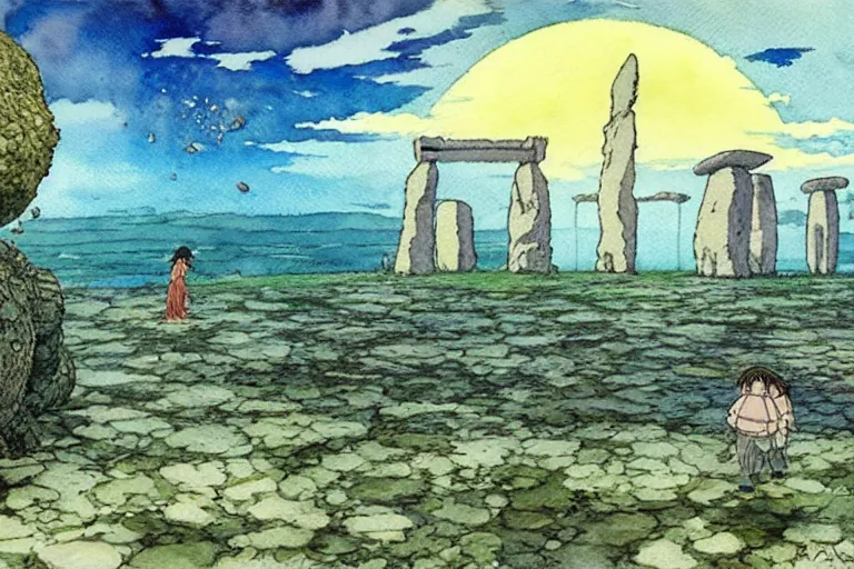 Image similar to a hyperrealist studio ghibli watercolor fantasy concept art. in the foreground is a giant lifting a stone. in the background is stonehenge. the scene is underwater on the sea floor. by rebecca guay, michael kaluta, charles vess