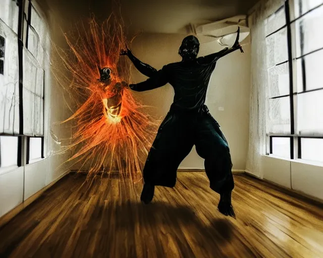 Image similar to transparent horror spirit attacks in living room interior photos shot on iphone, dynamic fight pose, full body shot, sharp focus, grainy, corpse, paranormal flashlight, deep night,