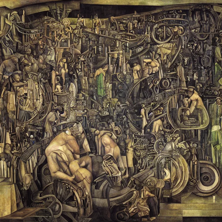 Image similar to time machine, diego rivera and georg scholz highly detailed