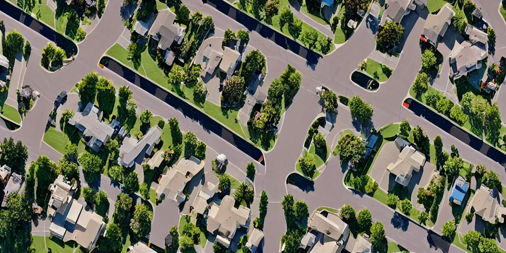 Image similar to suburbs, film still from the truman show, crane shot from above