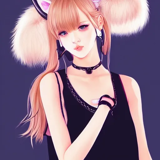 Image similar to realistic beautiful gorgeous natural cute Blackpink Lalisa Manoban blonde hair cute fur blonde cat ears, wearing camisole, wearing headphones, wearing black leather choker artwork drawn full HD 4K highest quality in artstyle by professional artists WLOP, Taejune Kim, Guweiz on Artstation Pixiv