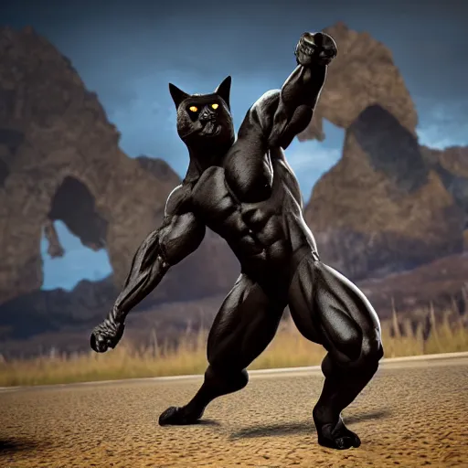 Image similar to a black strong muscular cat, unreal engine 5