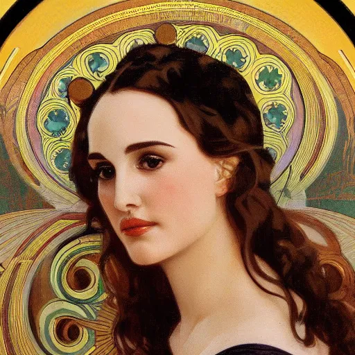 Image similar to a closeup portrait of a young natalie portman, art nouveau, jugendstil, decorative background, spirals, painted by alphonse mucha