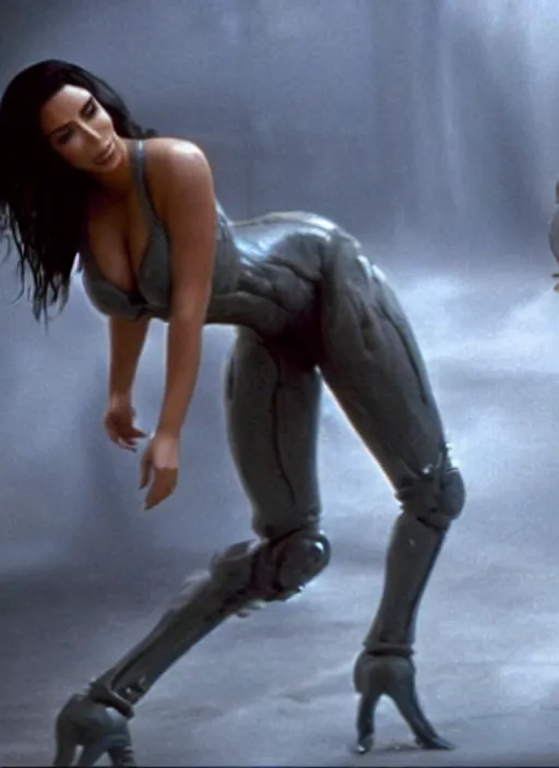 Image similar to film still of kim kardashian being held by an xenomorph in Alien.