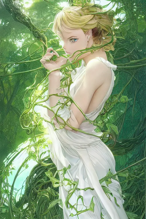 Prompt: anime key visual of a beautiful young margot robbie goddess!! in white silk clothing covered in vibrant green vines, intricate, magical forest, stunning, highly detailed, digital painting, artstation, smooth, hard focus, illustration, art by artgerm and greg rutkowski and alphonse mucha