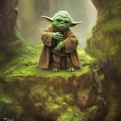 Image similar to yoda in a cave, hyper detailed, digital art, trending on artstation, cinematic lighting, studio quality, smooth render, unreal engine 5 rendered, octane rendered, art style by klimt and nixeu and ian sprigger and wlop and krenz cushart