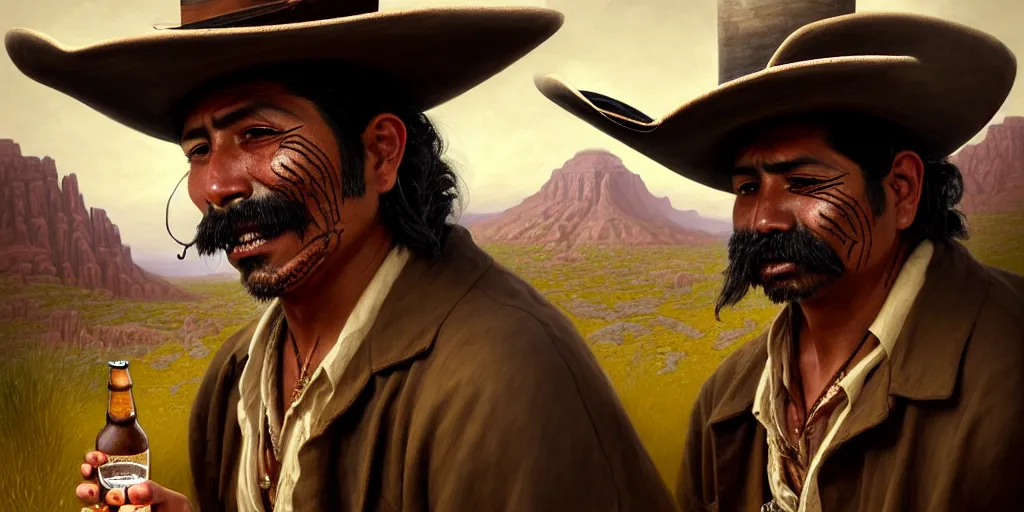 Prompt: illustration of a mexican man, missing one front teeth, with one small, dirt, wild west, with hat drinking a beer on train station, fantasy, intricate, elegant, highly detailed, digital painting, artstation, concept art, matte, sharp focus, art by aenaluck and roberto ferri and greg rutkowski, epic, juan caloto, [