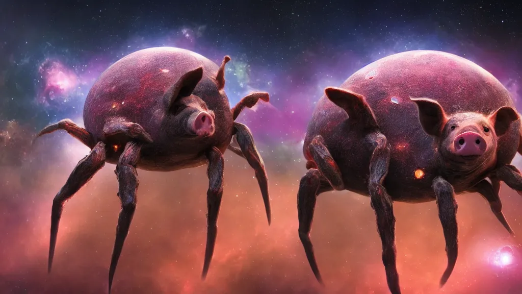 Image similar to pig spider hybrid on a planet. close bottom view. whole body. nebula background. cinematic composition. cinematic lightning. ultra realistic. 8 k. highly detailled. deep space. ultra realistic details. cinematic atmosphere. studio lighting. shadows. dark background.