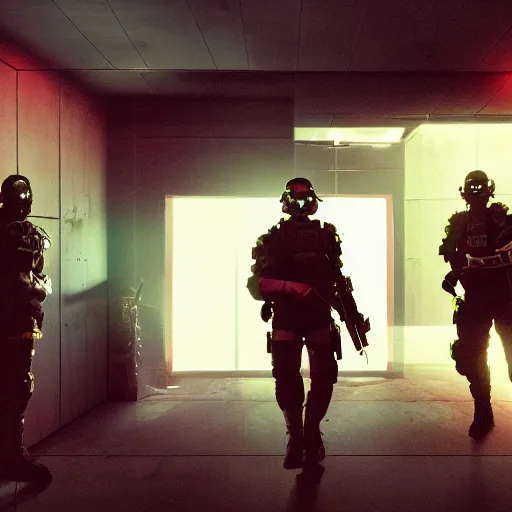 Image similar to a cyberpunk SWAT team breaking down a door, futuristic, 8k, film still s- 150