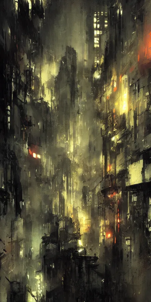 Prompt: a blade runner dungeon located in a city painted by ashley wood and phil hale, masterpiece, award - winning, sharp focus, intricate concept art, ambient lighting, 8 k, artstation, pixiv