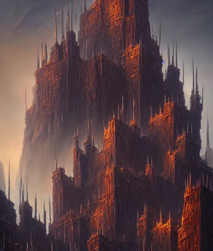 Image similar to a detailed illustration of an imposing evil obsidian fortress with spiked towers, by moebius and tyler edlin and lee madgwick, trending on artstation, digital art, 4 k resolution, detailed, beautiful render, octane render, high quality, sharp focus, hq artwork, coherent, insane detail, concept art