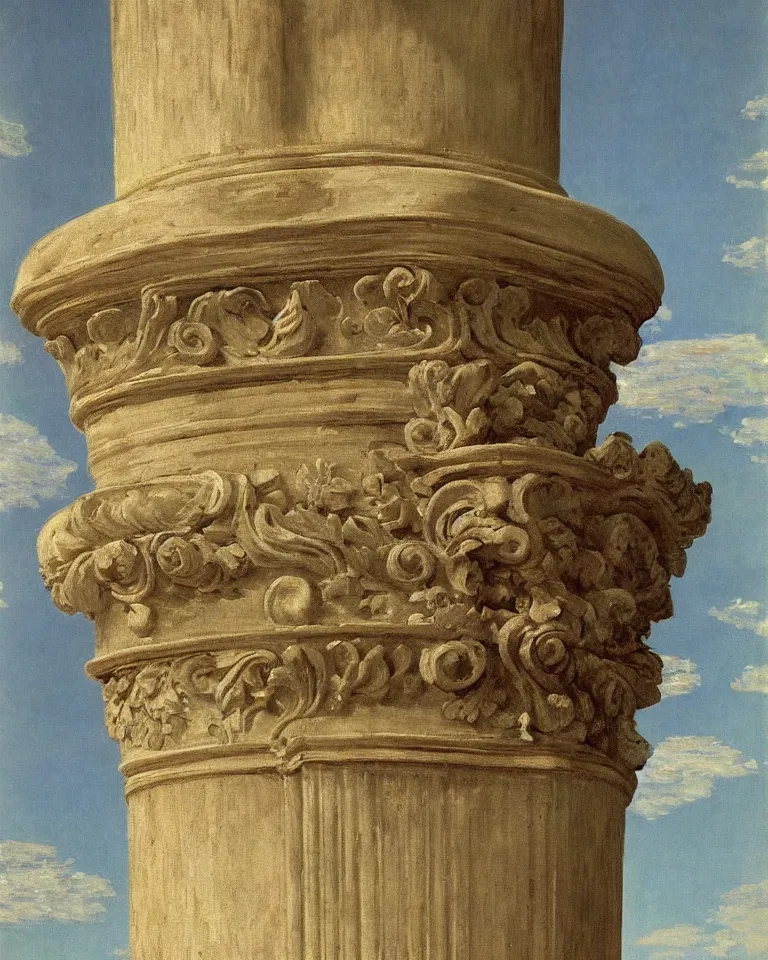 Image similar to achingly beautiful painting of intricate ancient roman corinthian capital on flat floral background by rene magritte, monet, and turner. piranesi.