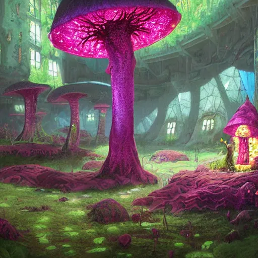 Image similar to concept art painting of a interior of an alien fantasy fairytale fungus house, realistic, detailed, cel shaded, magenta, in the style of makoto shinkai and greg rutkowski and james gurney