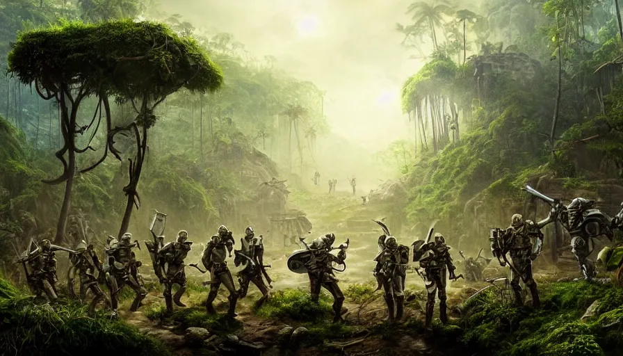 Image similar to a beautiful highly detailed matte painting of a band of mercenaries finding a robot in a dense jungle underground
