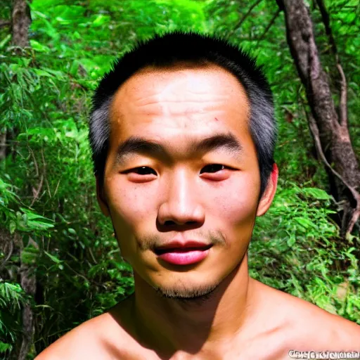 Prompt: a ultra high resolution close - up of asian man from tai tribe in lush green forest. 1 8 years old. korean idol. photo from the front. cute and beautiful and handsome man is smiling and has eye contact with the camera. face is clear and symetrical. the light is dim, and the colours are muted. kodak etkar 1 0 0.