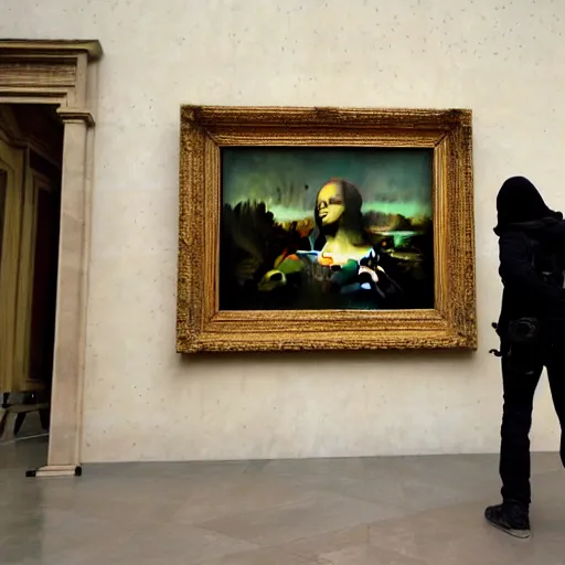 Prompt: banksy tagging the mona-lisa inside the Louvre