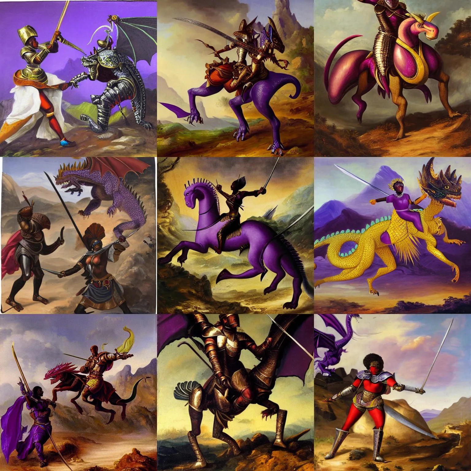 Prompt: action scene of an african woman knight in armor fighting a purple dragon on a mountaintop, oil painting