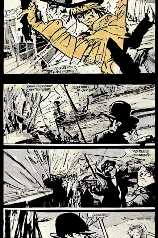 Prompt: sandman vs corto maltese, comic book page, art by hugo pratt