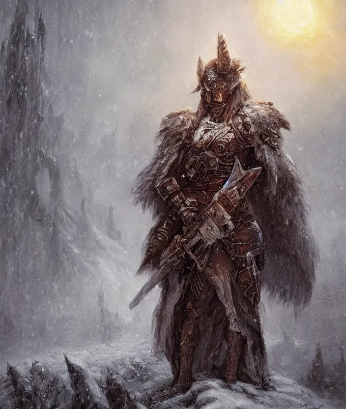 Prompt: Angel Soldier in a snowstorm, wearing an armor with fur accents, mysterious, fantasy artwork, godrays, warm colors, by seb mckinnon