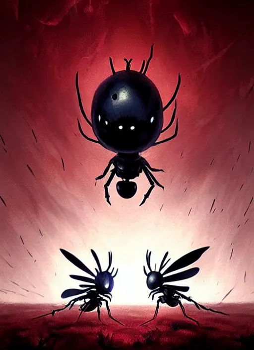 Prompt: horror art, two humanoid bugs hollow knight in the middle fighting with a nail, red peaks with arms in the background, art by greg rutkowski