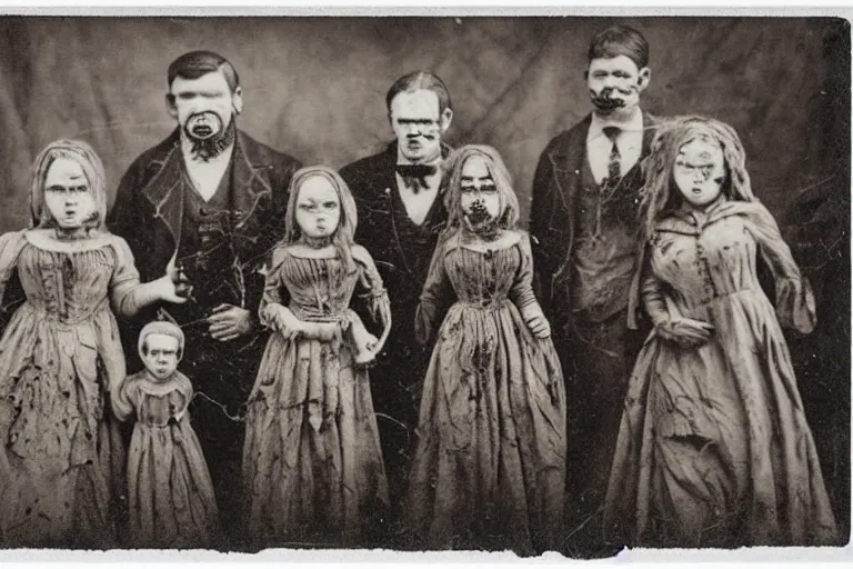 Prompt: vintage photograph monochrome plate, monstrous mutant victorian family of demonic cenobite people posing with grotesque lovecraftian god monsters, distressed old photo, deteriorating, grunge, antique, slight sepia tone, horror, madness