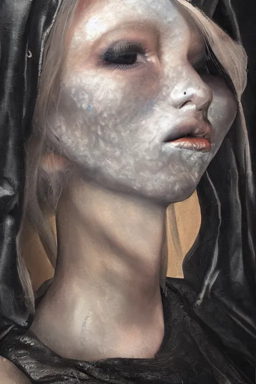 Image similar to hyperrealism oil painting, close - up portrait of albino medieval fashion model, black silk, steel gradient mixed with nebula sky, in style of baroque