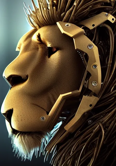 Image similar to complex 3 d render hyper detail portrait of a mechanical lion human cyborg, tooth wu, sci fi, full body, intricate, art by kazuhiko nakamura and hajime sorayama and greg rutkowski, 8 k octane detailed render, post - processing, intricate futuristic mechanic parts, maya, sharp focus, blender, cinematic lighting + masterpiece, trending on artstation