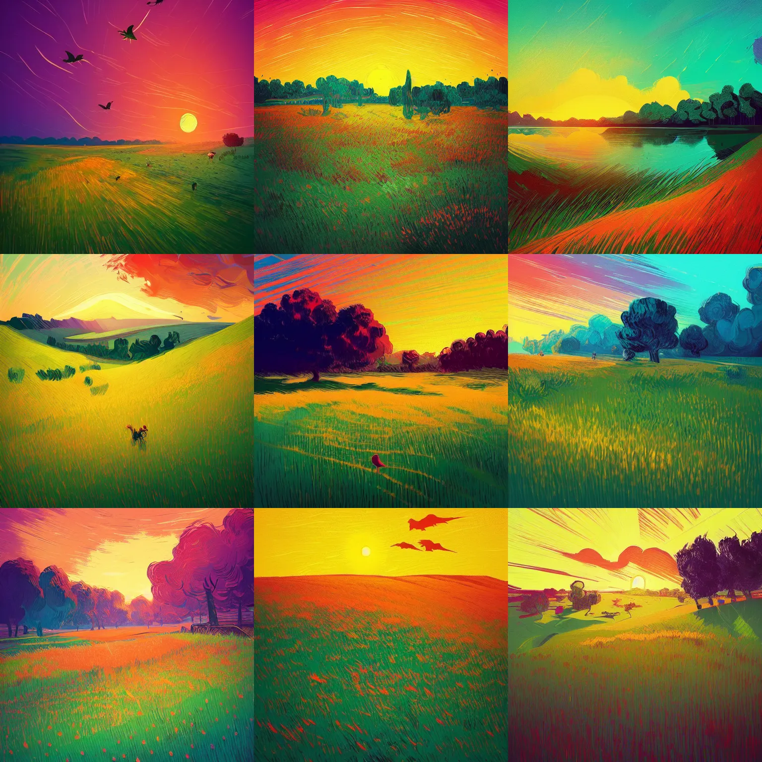 Prompt: a beautiful grassy meadow at sunset, birds, lake, by anton fadeev, alena aenami, vincent van gogh!!!, digital art, concept art, vibrant, colorful, trending on artstation