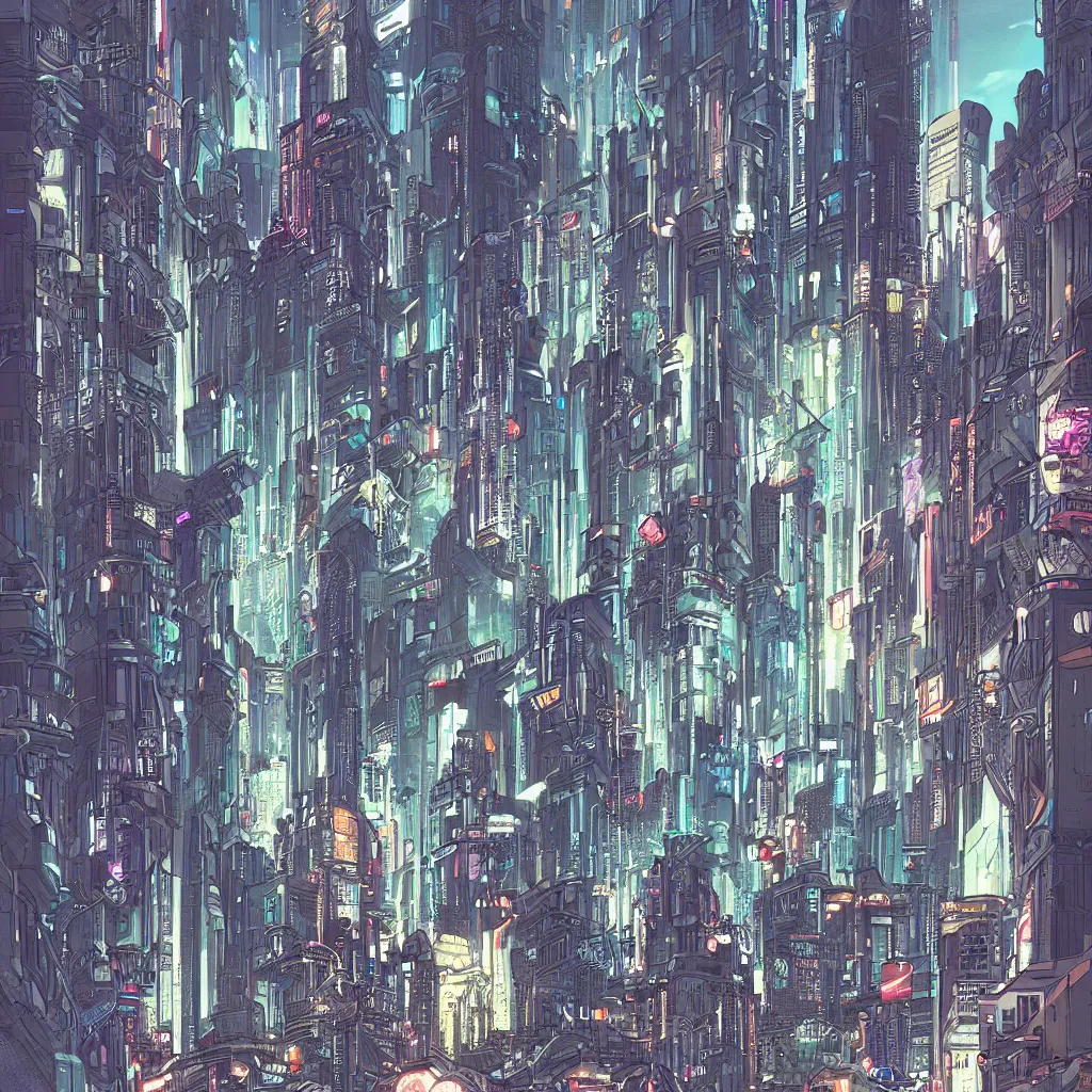 Image similar to a cyberpunk city, digital painting by moebius